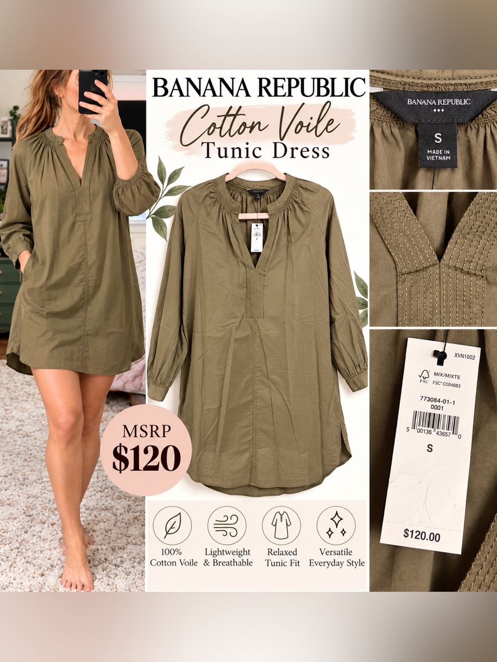 Banana Republic Olive Cotton-Voile Tunic Dress
